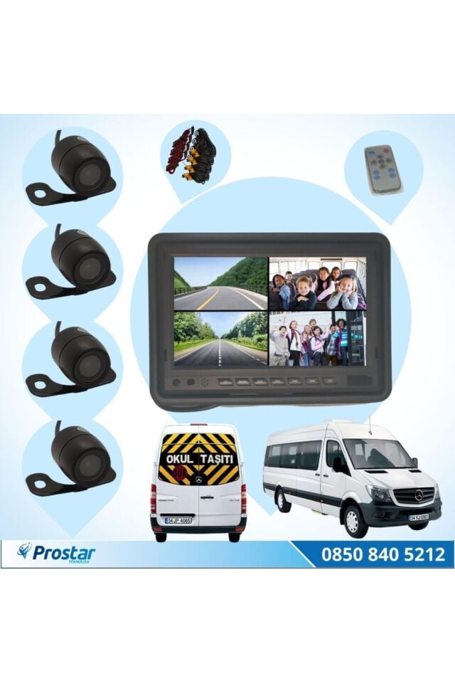 Okul Ve Servis Taşıtları Dört Kameralı 7'' Ekranlı 4 Kamera Dahil Full Set